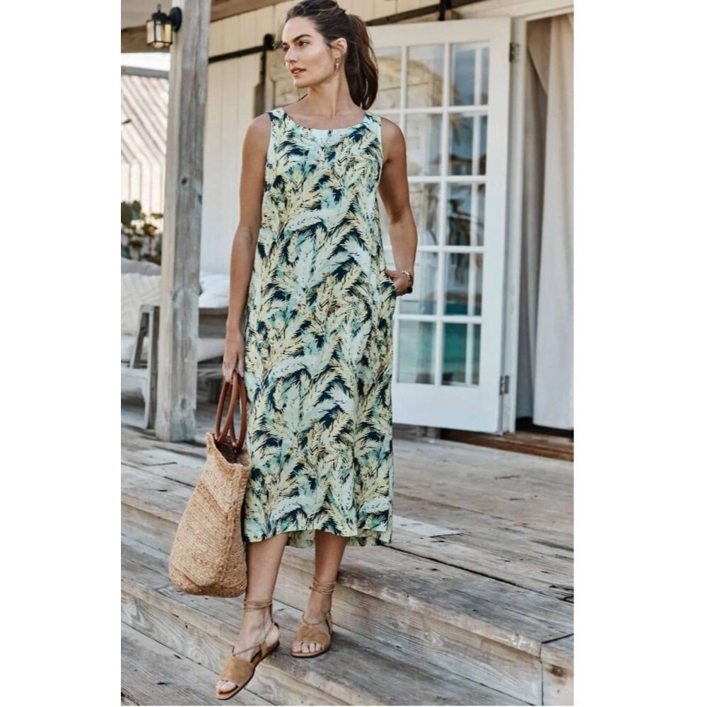 J.Jill Love Linen Tropical Palm Print Resort Wear Sleeveless Dress Women’s L - Picture 8 of 12